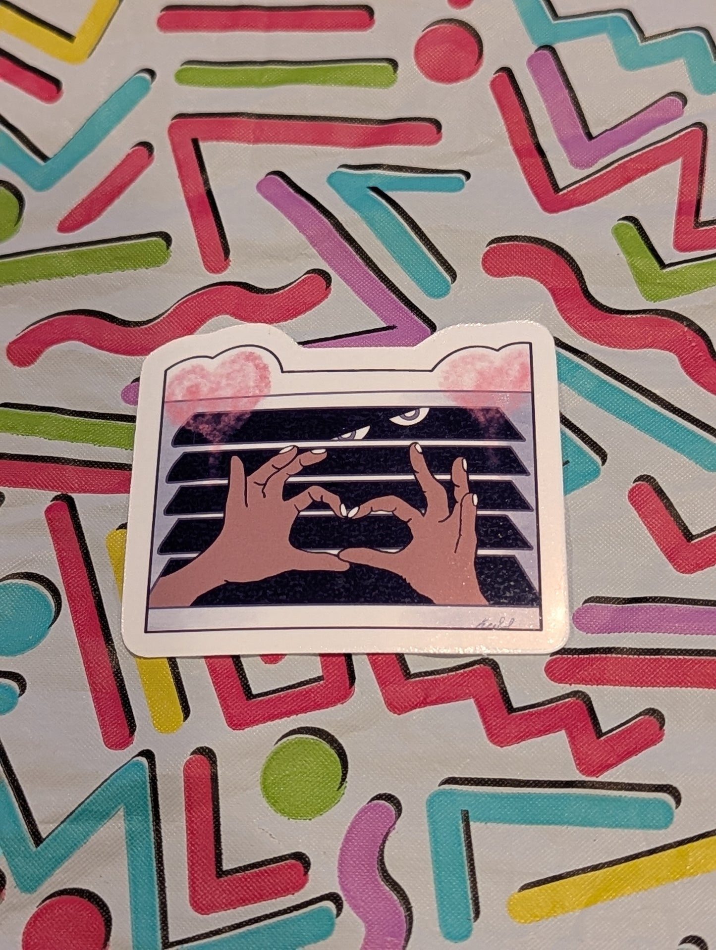 Card with hands on a keyboard design on a colorful geometric geometric-patterned background from Date Everything