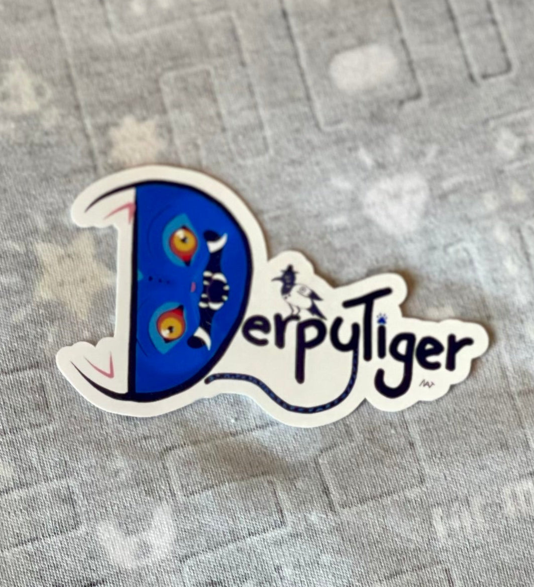 Sticker with 'DerpyTiger' design on a textured gray surface