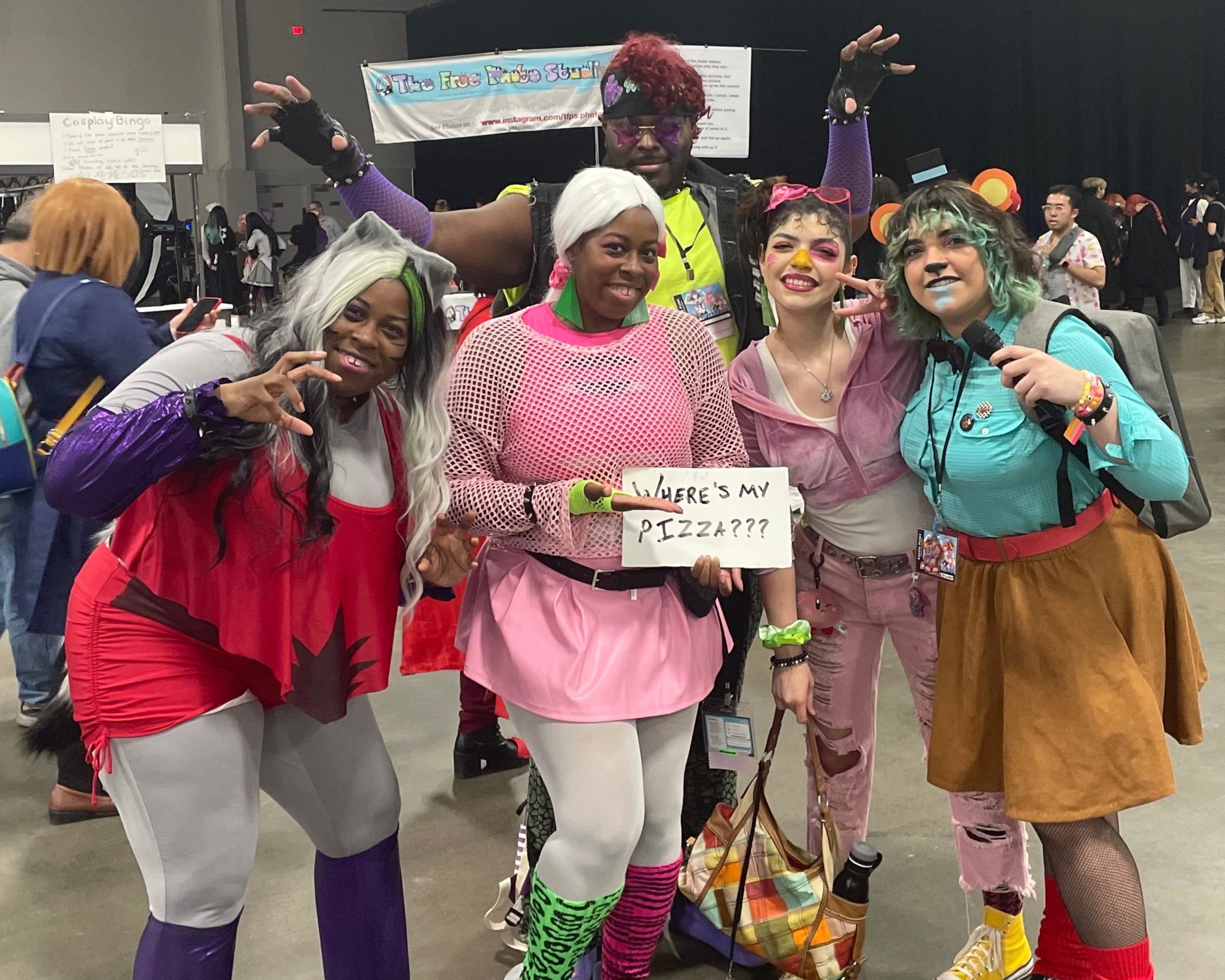 Nat, Kee and Rock Jones as the Glamrock Crew; Roxy, Chika and Monty from FNAF Security Breach.