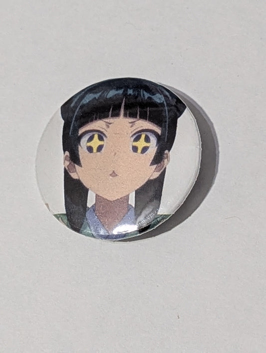Circular badge with an anime character on a light gray background