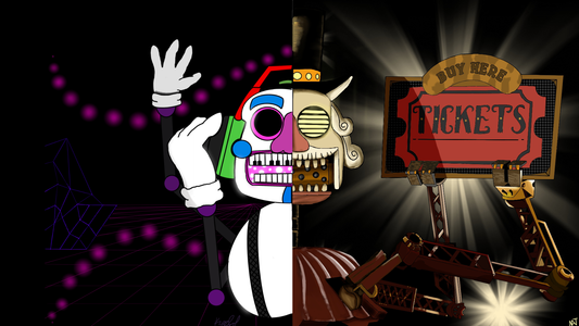 DJ Music Man character with a colorful face, and white gloves next to a split vintage version holding a 'Buy Here Tickets' sign on a dark background