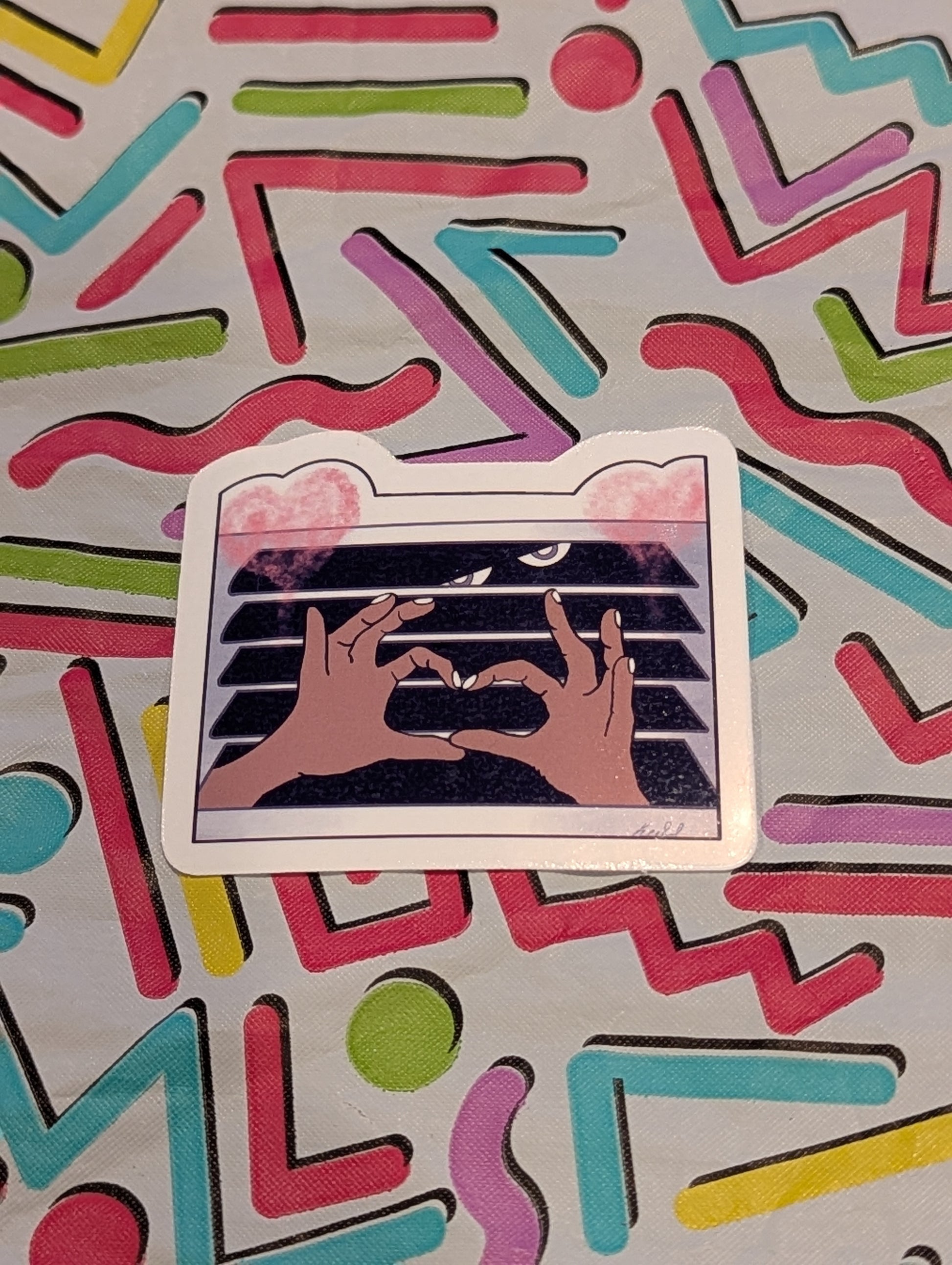 Card with hands on a keyboard design on a colorful geometric geometric-patterned background from Date Everything