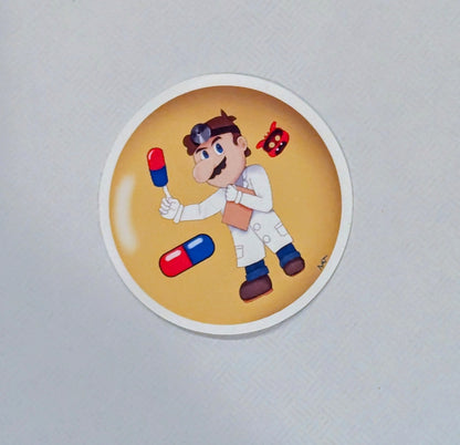 Circular sticker with a character in a lab coat holding a red and blue object on a light gray background