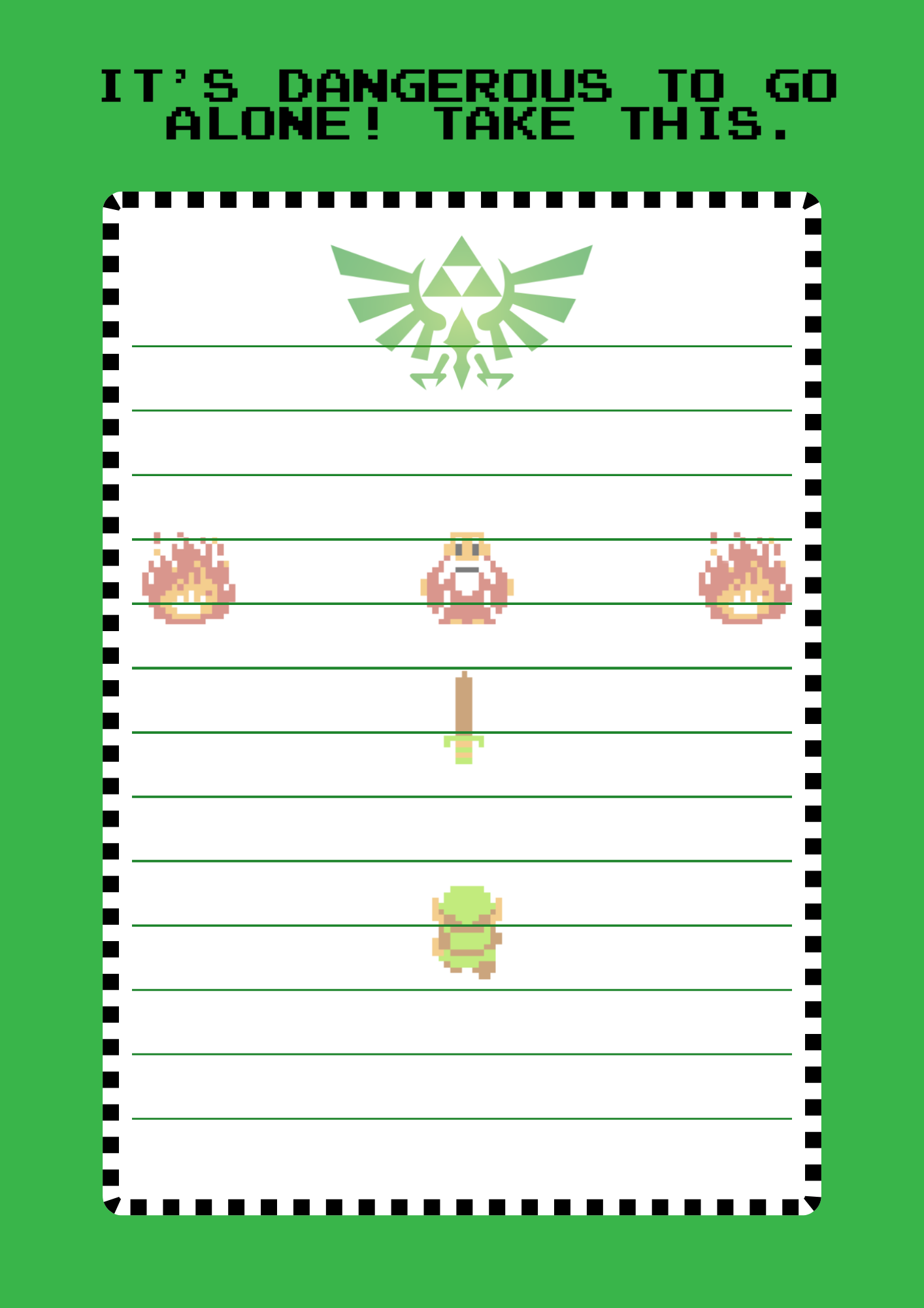 A themed notepad with a green background and pixel art of a character from a popular video game, featuring names and elements associated with the game.