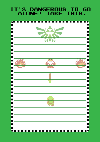 A themed notepad with a green background and pixel art of a character from a popular video game, featuring names and elements associated with the game.