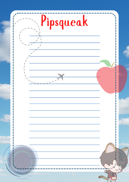 Notebook page with 'Pipsqueak' branding, airplane illustration, and cat character on a blue sky background.