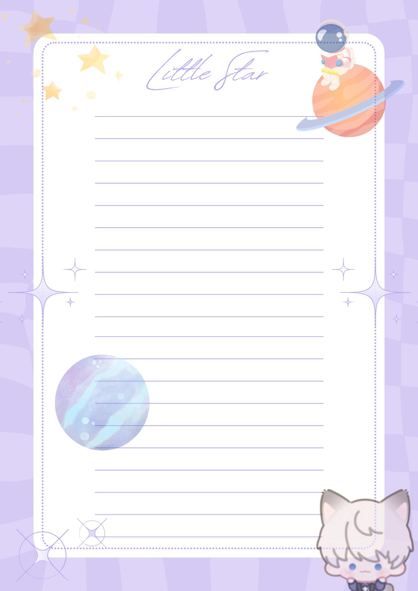 A notepad with a purple and white design featuring snowflakes and a character illustration from a mobile game.