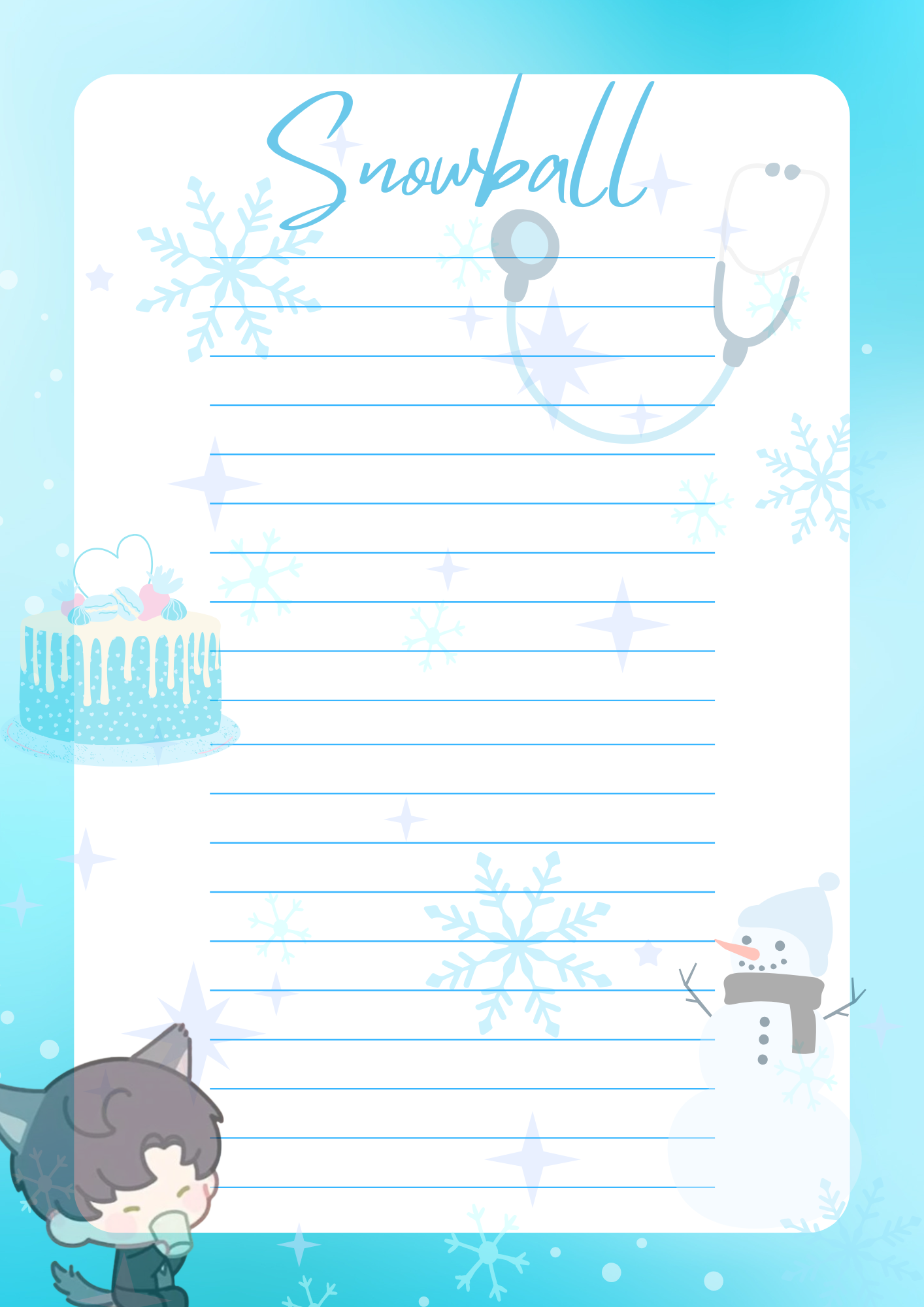 A notepad with a blue and white design featuring snowflakes and a character illustration from a mobile game.