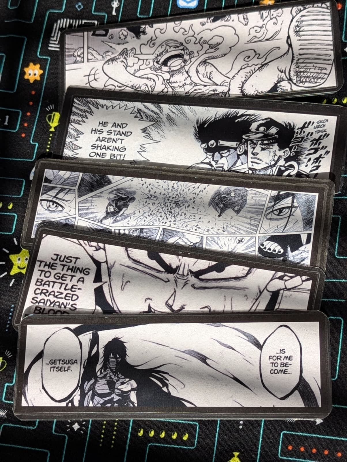 Comic book panels with character illustrations and text on a black background
