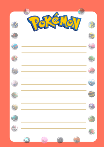 Pokémon themed notepad with colorful designs on a red background