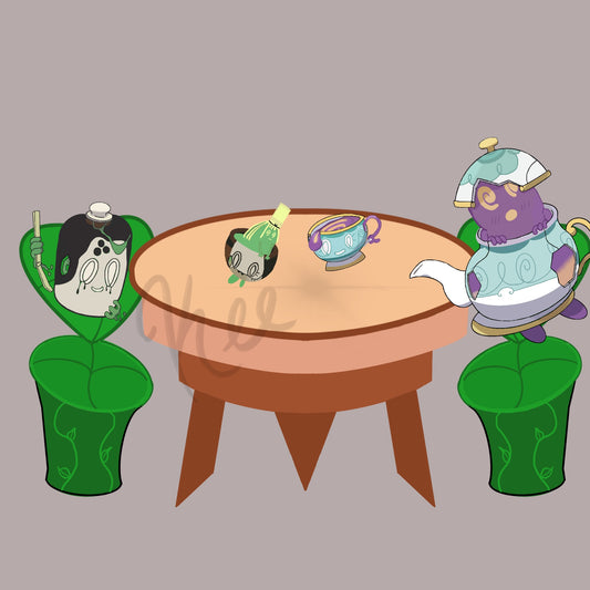 Popular Ghost-type Pokémon: Sinistea, Polteageist, Poltchageist, and Sinistcha tea party digital art print.