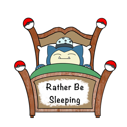 Cartoon character in bed with 'Rather Be Sleeping' sign